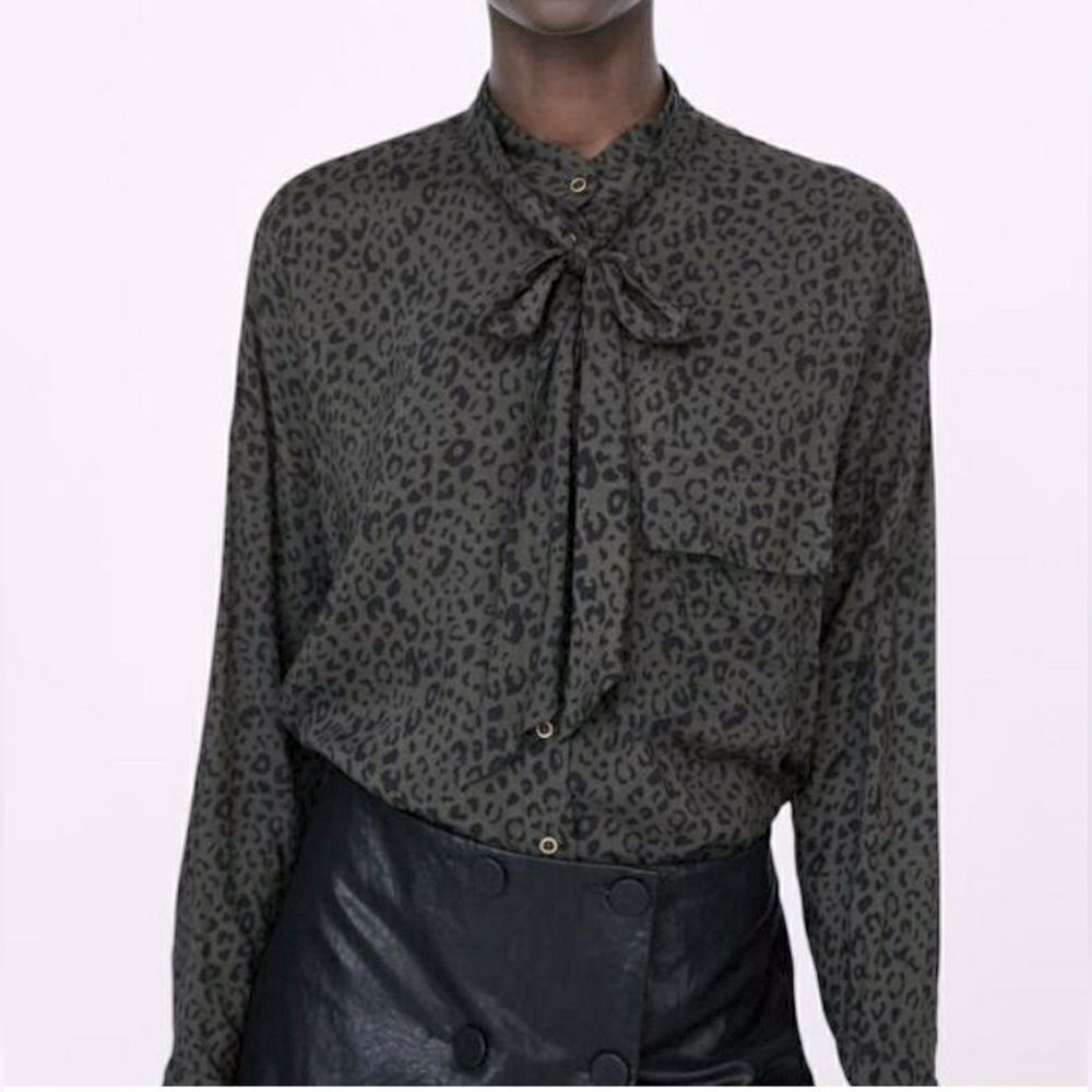 Zara Leopard Print Tie Neck Detail Long Sleeve Button‎ Down Shirt Women's Size S